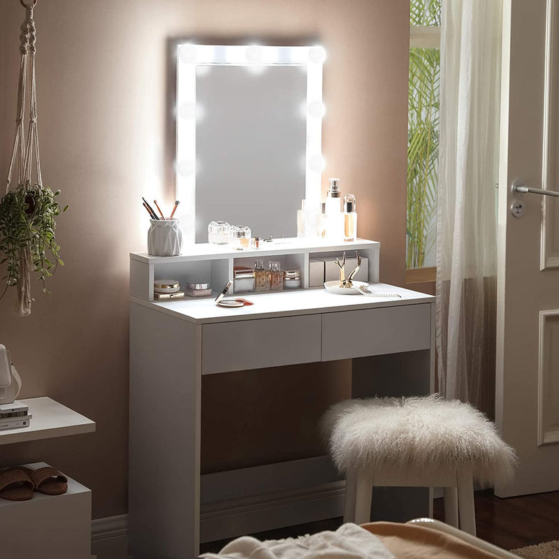 kaptafel make up tafel met spiegel en gloeilampen, cosmetische tafel met 2 lades en 3 open vakken, 80 x 40 x 145 cm wit RDT114W01