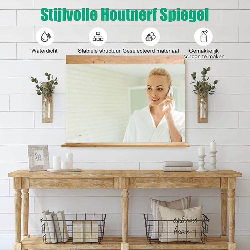 Wandmontage frameloze spiegel met Plank & Opgepoetste rand, Houten Make-up spiegel voor Badkamers en Slaapkamer, Natuurlijk