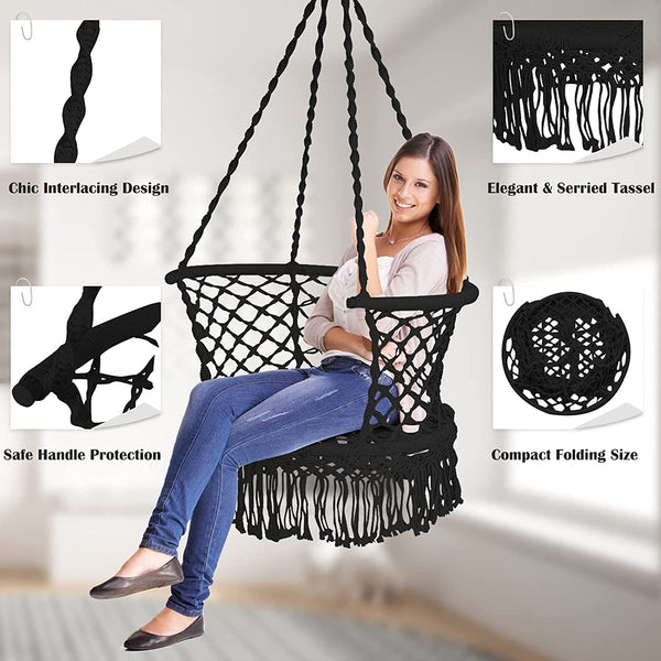Hangstoel macrame schommelstoel, hangende katoenen touw stoel met kwastjes, maximaal 160kg (kussens niet inbegrepen) (Zwart)