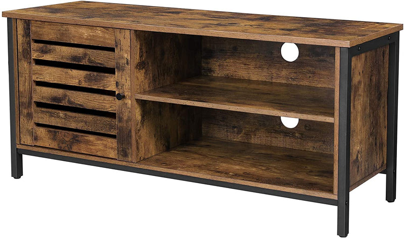 TV-tafel voor TV tot 50 inch, TV-plank, TV-tafel, lowboard met kast, 2 open compartimenten, woonkamer, slaapkamer, laminaatdeuren, industrieel ontwerp, vintage bruin-zwart LTV049B01