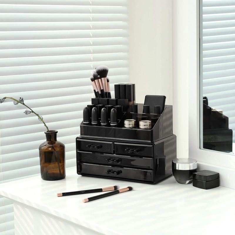 Cosmetische stand voor cosmetica Organiser in acryl met 4 lades voor opslag in de badkamer in de slaapkamer van lippenstift Sieraden Nagellak Naaigaren Zwart JKA007BK