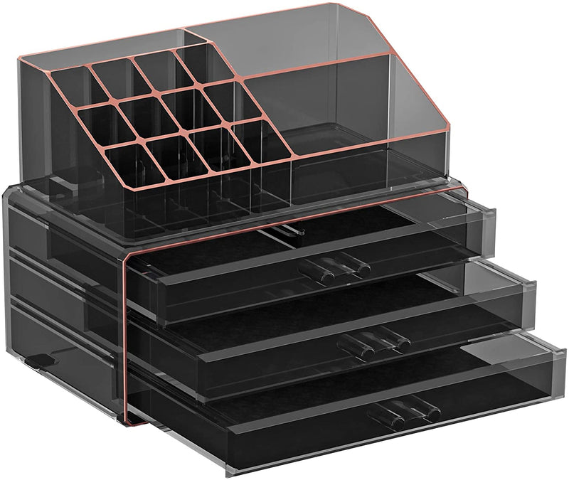Make-up Organiser, 2-delige set Make-up Box, Cosmetische Organizer met 3 laden en 15 verschillende vakken, voor lippenstiften, borstels, zwart transparant en roségoud JKA002B01