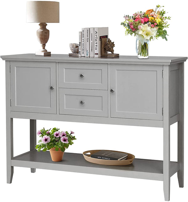 Console tafel, houten gang tafel met 2 laden en 2 opbergkasten, consoletafel met onderste plank, , 116,5 x 38 x 86,5 cm (Grijs)