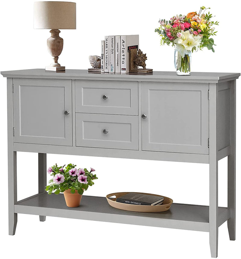 Console tafel, houten gang tafel met 2 laden en 2 opbergkasten, consoletafel met onderste plank, , 116,5 x 38 x 86,5 cm (Grijs)