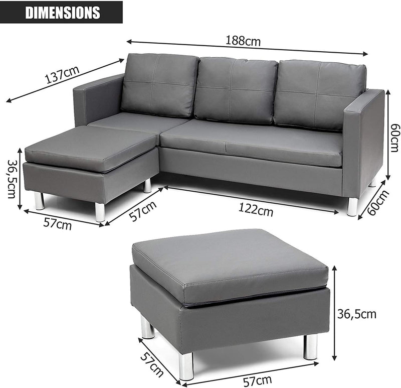 L-vormige gestoffeerde bank met omkeerbare ligstoel, ergonomische rugleuning en handgreep, massief houten frame, 3-zitsbank voor kleine woonkamer, appartement, kleine ruimte