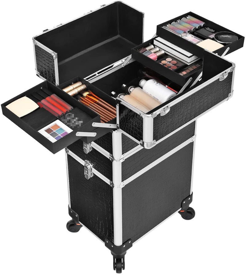 Trolley Cosmetische Hoes, Aluminium make-uphoes, schoonheidskoffer, zwart JHZ06B