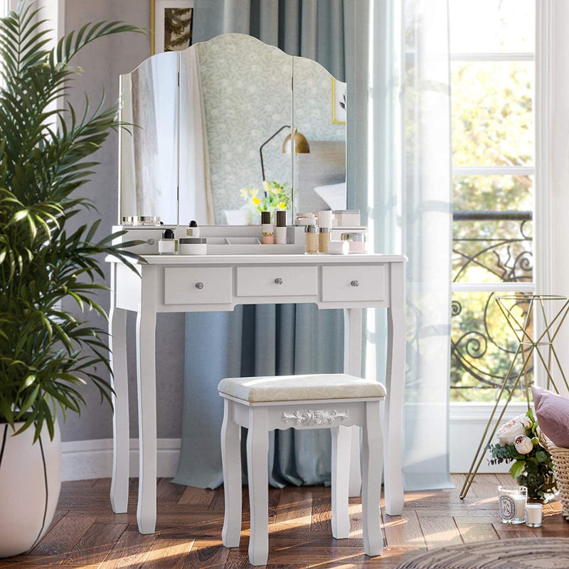 kaptafel met opklapbare spiegel en 5 laden, cosmetische tafel met uitneembare make-up organizer, met krukje, wit RDT28WT
