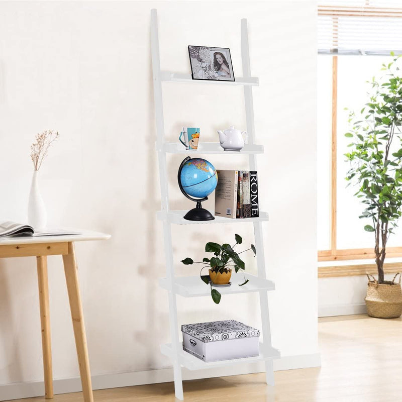 Ladder plank, 5 laags muur-Leunende boekenplank Ladder boekenkast, (Wit)