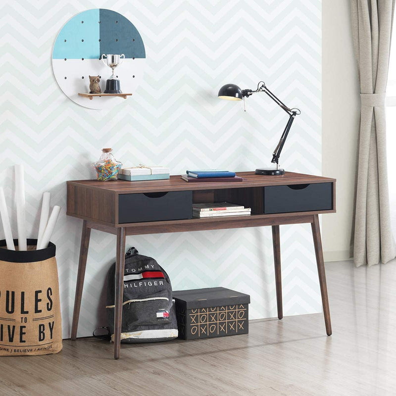 Computer bureau voor thuiskantoor, Natuurlijke Mid-eeuwse schrijftafel met 2 lades, Ergonomische hoogte, Ruim bureaublad, Stevige constructie