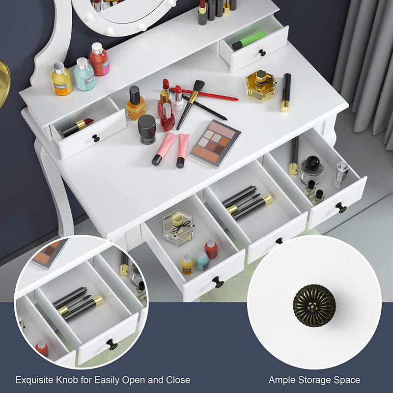 Kaptafel met verlichte spiegel, make-uptafel kaptafel, 360° draaiende ovale spiegel met 12 LED-lampjes, afneembare bovenkant, 5 opberglades, voor meisjes slaapkamer (Wit)