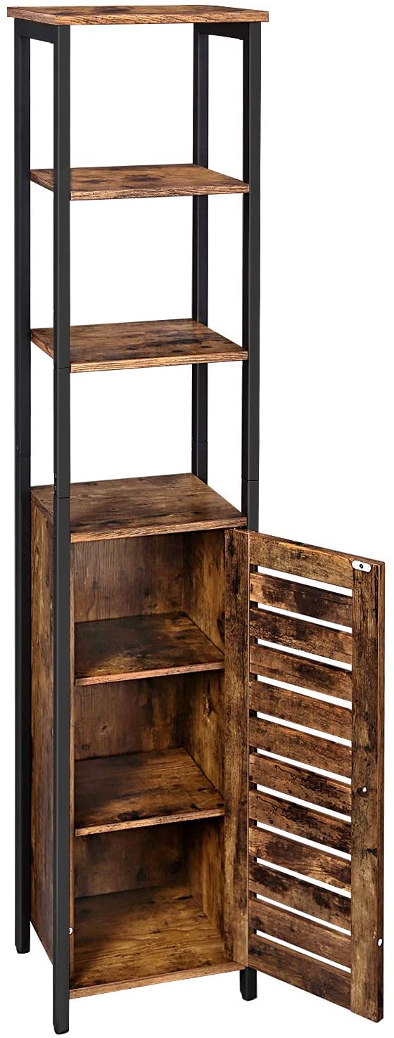 standplank, keukenplank met 3 rekken en kast, boekenplank, hoge zijkast, industriële vormgeving, woonkamer, slaapkamer, hal, 37 x 30 x 167 cm, vintage, donkerbruin LSC37BX