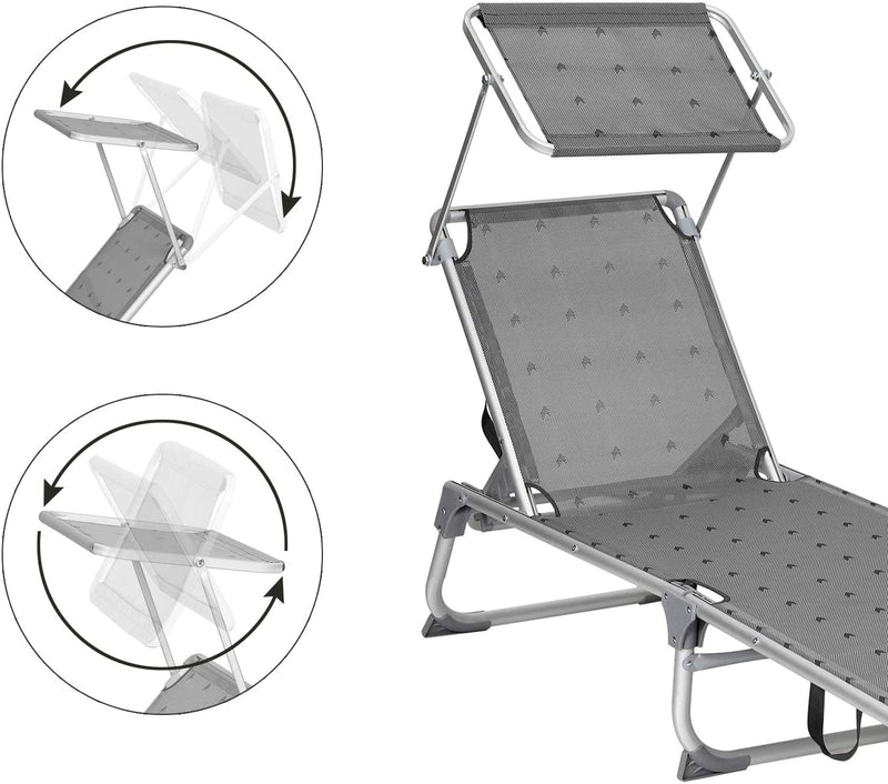 Zonneligstoel, ligstoel, tuinstoel, met zonnedak, rugleuning verstelbaar, inklapbaar, licht, 55 x 193 x 31 cm, tot 150 kg belastbaar, tuin, balkon en terras, antraciet GCB19GYV1