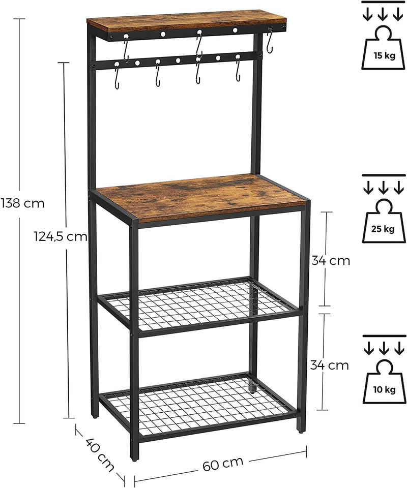 Keukenplank, staande plank met planken, magnetronplank met 7 haken en metalen frame, industrieel ontwerp, voor magnetron, kookgerei, 60 x 40 x 138 cm, vintage bruin-zwart KKS018B01