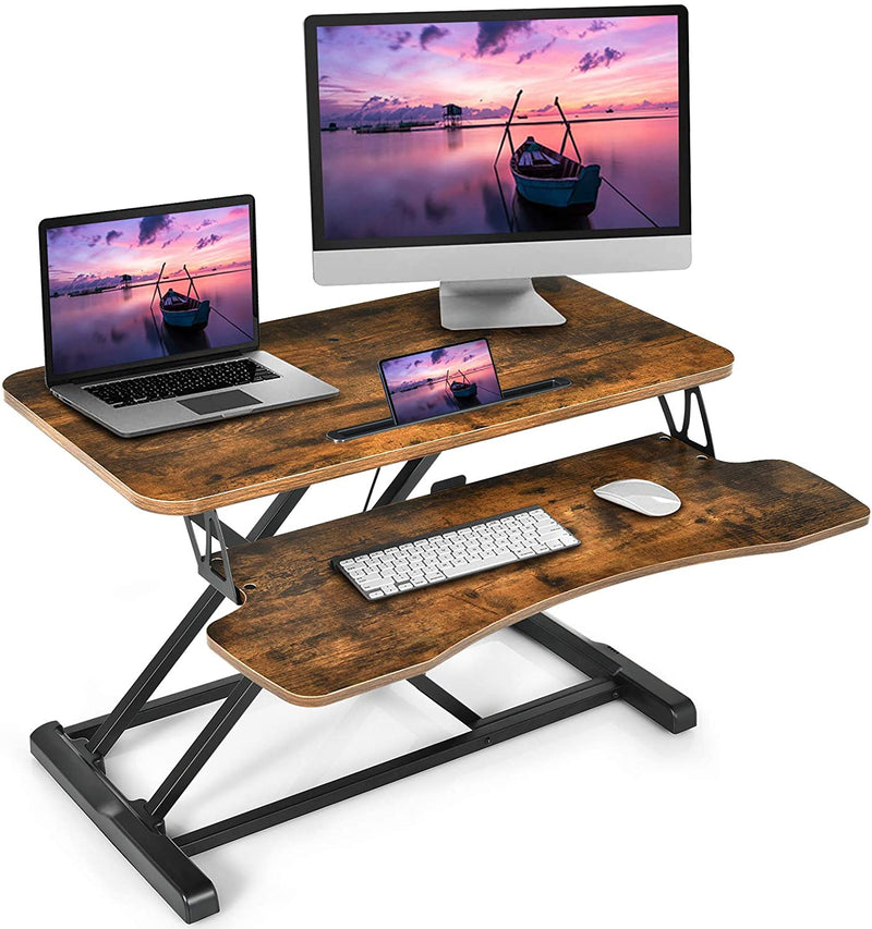 Zit-sta werkstation, in hoogte verstelbare staande bureau verhoger met grote tafelblad 80 x 40cm, ergonomisch bureau, zit-sta-bureau (Bruin)
