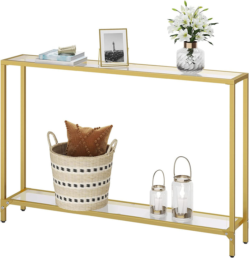 Consoletafel met planken, 120 cm bijzettafel, hardglas, ingangstafel, moderne banktafel, tentoonstellingstafel, metalen frame, voor woonkamer, hal, goudkleurig EGD05XG01