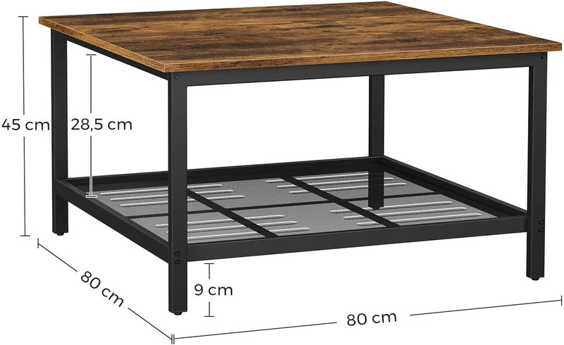 Salontafel, salontafel, gemaakt van staal, met rasterplank, vierkant, industrieel ontwerp, voor woonkamer, vintage bruin-zwart LCT065B01