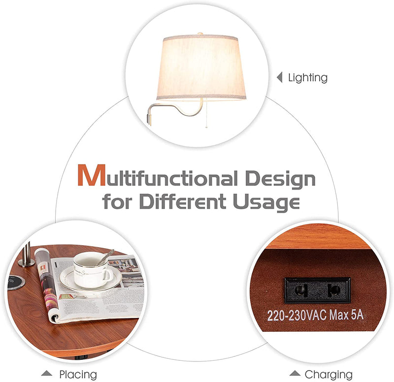 Staande lamp bijzettafel, 3-in-1 staande lampen, stoffen lampekap & houten bijzettafel, inclusief USB oplaadpoort, 220V stopcontact & draadloze oplader,