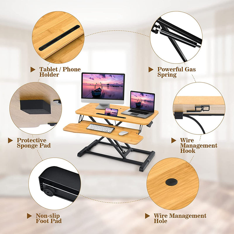 Zit-sta werkstation, zit-sta bureauconverter, in hoogte verstelbare staande bureau verhoger met grote tafelblad 80 x 40cm,ergonomisch bureau, (Natuurlijk)