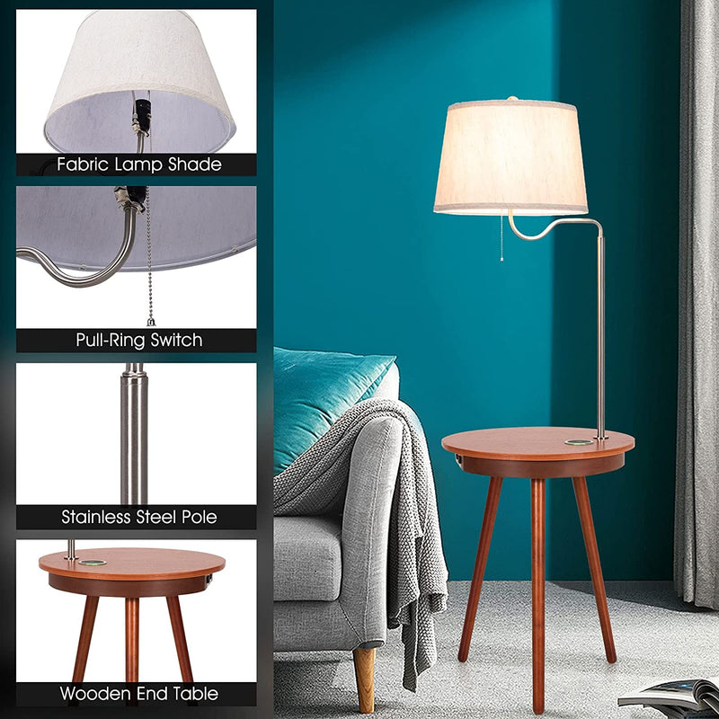 Staande lamp bijzettafel, 3-in-1 staande lampen, stoffen lampekap & houten bijzettafel, inclusief USB oplaadpoort, 220V stopcontact & draadloze oplader,
