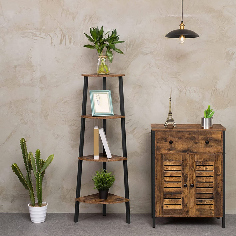 Hoekrek, staand rek, boekenkast met 4 planken, ladder-rek, stabiel stalen frame voor woonkamer, kantoor, ruimtebesparend, vintage EBF41CJ01