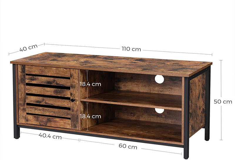 TV-tafel voor TV tot 50 inch, TV-plank, TV-tafel, lowboard met kast, 2 open compartimenten, woonkamer, slaapkamer, laminaatdeuren, industrieel ontwerp, vintage bruin-zwart LTV049B01