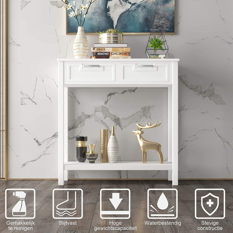 Console tafel,  met 2 lades en onderplank,   Ingangstafel met Massief houten poten
