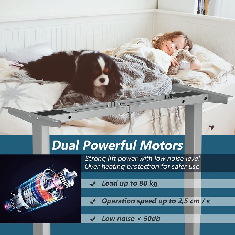 Elektrisch zit/sta bureau frame, 70-120 cm in hoogte verstelbaar, dubbel motoren, 3 geheugenbediening,  ergonomisch zit sta werkstation  (Grijs)