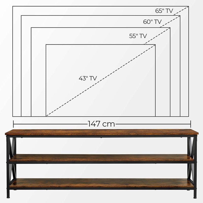 TV-plank, TV-meubel, lowboard voor TV's tot 65 inch, TV-tafel met open vakken, X-vormige stijlen, industrieel ontwerp, 147 x 40 x 50 cm, vintage bruin-zwart LTV100B01