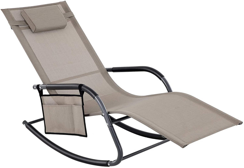 tuinstoel, ligstoel, schommelstoel met hoofdsteun en zijvak, ijzeren frame, kunstvezelstof, ademend, comfortabel, tot 150 kg belastbaar, bruin GCB23BR