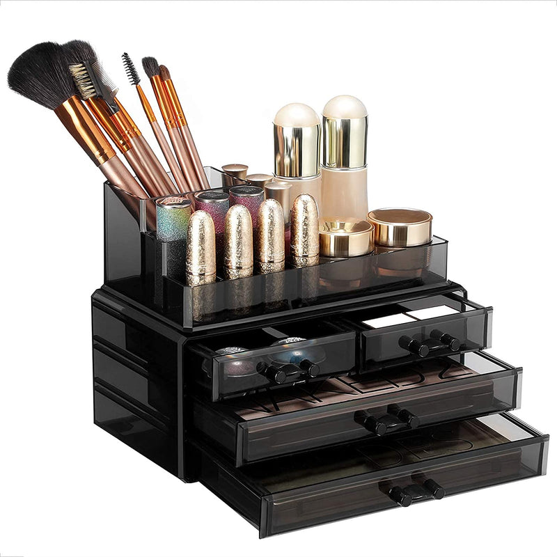 Make-up Organizer, cosmetica organizer met 4 lades en 11 vakken in verschillende maten, anti-slip inzetstukken, voor make-up en juwelen, zwart JKA001BK