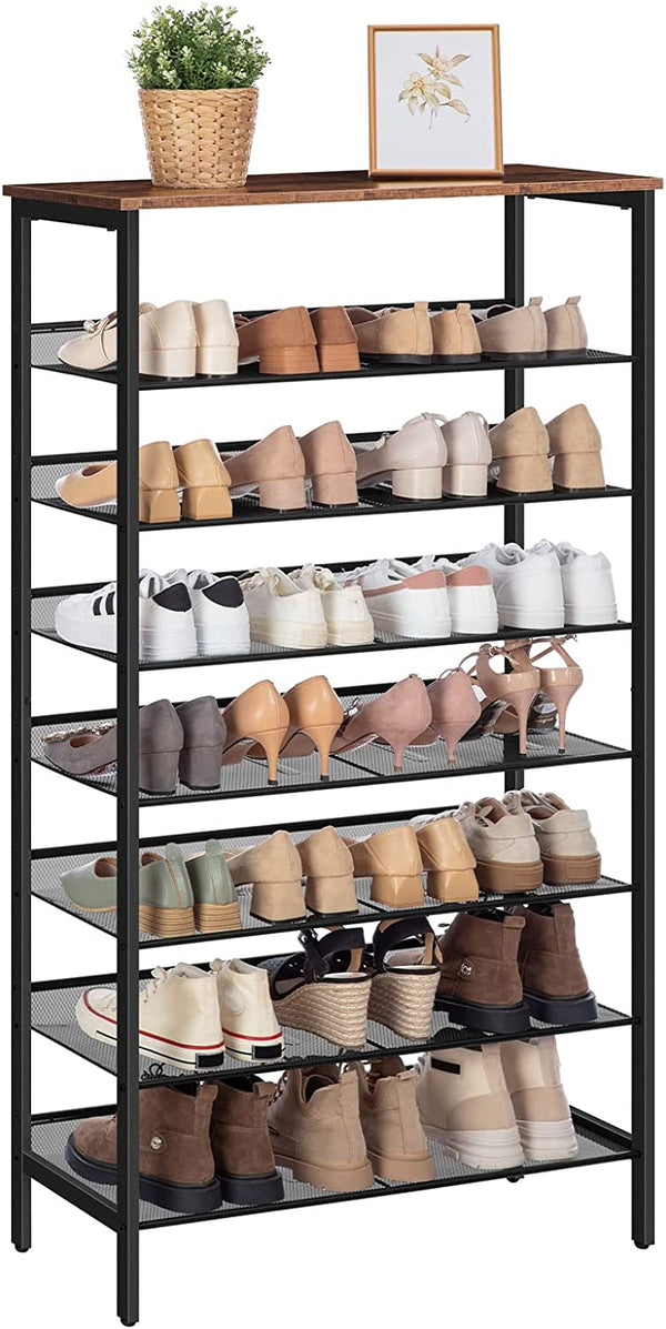 Schoenenrek met 8 niveaus, , 75 x 30 x 137 cm, voor 24-32 paar schoenen,  vintage bruin-zwart EBF18XJ01