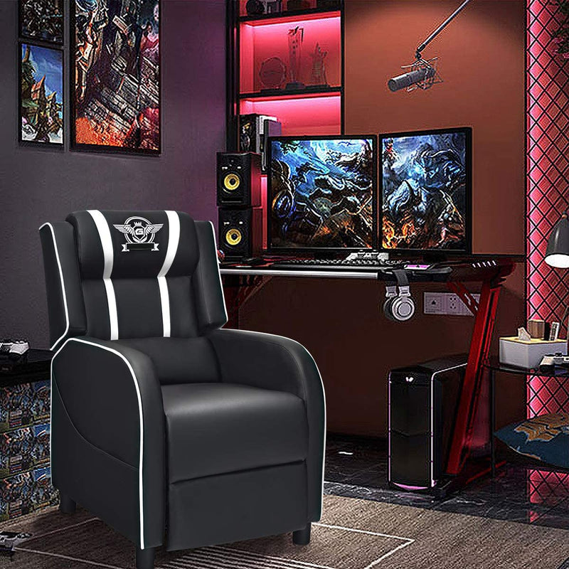 Gaming leunstoel fauteuil, PU lederen enkele leunstoel relaxstoel, verstelbare moderne woonkamer ligstoel, televisiestoel met voetsteun en lumbaal kussen, thuisbioscoop zittingen (Wit)
