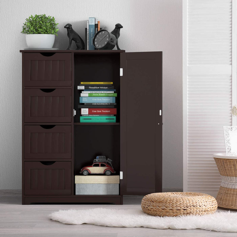 Badkamerkast vloerkast, vrijstaande badkamerkast, houten bijzetkast opbergkast met 4 laden en 1 verstelbare plank, multifunctionele, ruimtebesparende, voor ingang woonkamer slaapkamer keuken (Bruin)