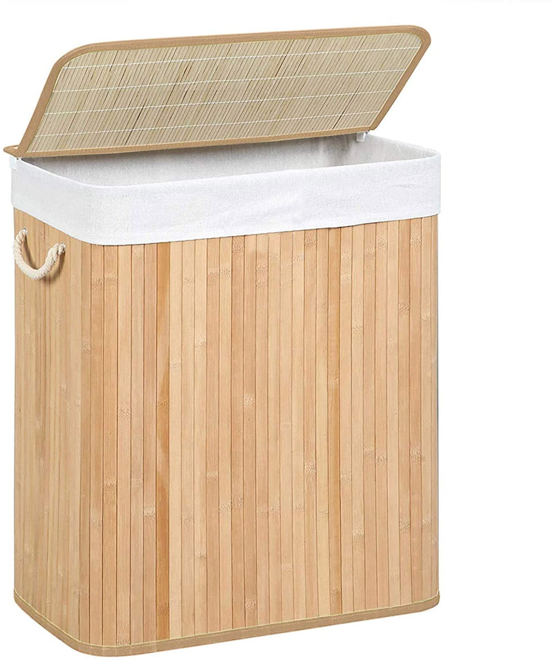 wasmand  wasbak gemaakt van bamboe, waskist met handvatten, deksel met clips, opvouwbaar, waszak afneembaar, natuurlijke kleur LCB071N02
