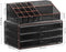 Make-up Organiser, 2-delige set Make-up Box, Cosmetische Organizer met 3 laden en 15 verschillende vakken, voor lippenstiften, borstels, zwart transparant en roségoud JKA002B01