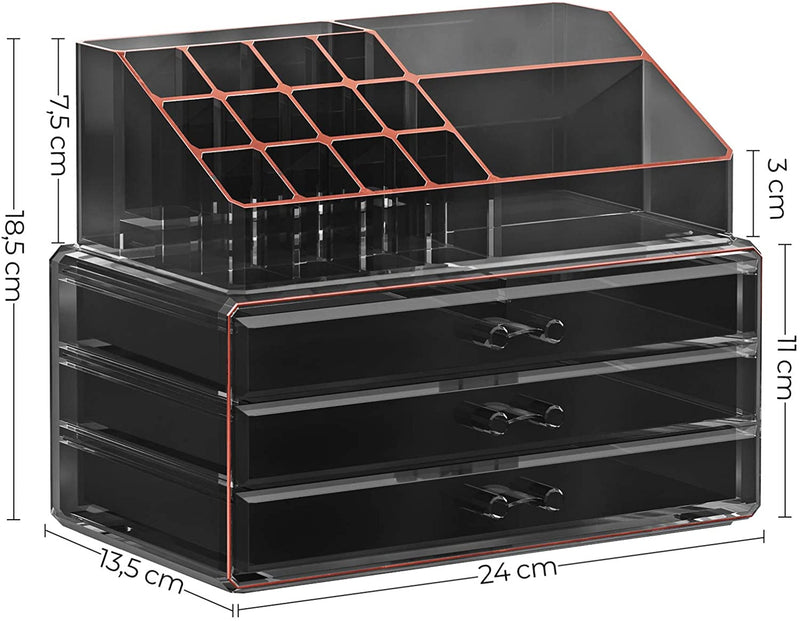 Make-up Organiser, 2-delige set Make-up Box, Cosmetische Organizer met 3 laden en 15 verschillende vakken, voor lippenstiften, borstels, zwart transparant en roségoud JKA002B01