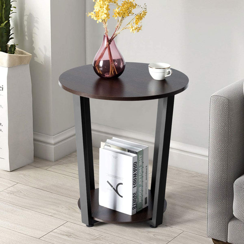 Ronde bijzettafel, 2-laags accent tafel met houten tafelblad ,eenvoudige montage (Donkerbruin)