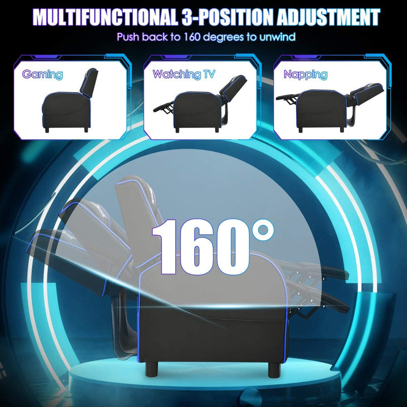 Gaming leunstoel fauteuil, PU lederen enkele leunstoel relaxstoel, verstelbare moderne woonkamer ligstoel, televisiestoel met voetsteun en lumbaal kussen, thuisbioscoop zittingen (Blauw)