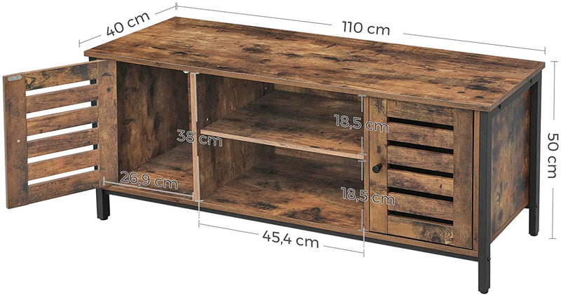 TV-tafel, lowboard met 2 kasten en 2 legplanken, woonkamer, lamellendeuren, industrieel ontwerp, vintage, donkerbruine LTV43BX