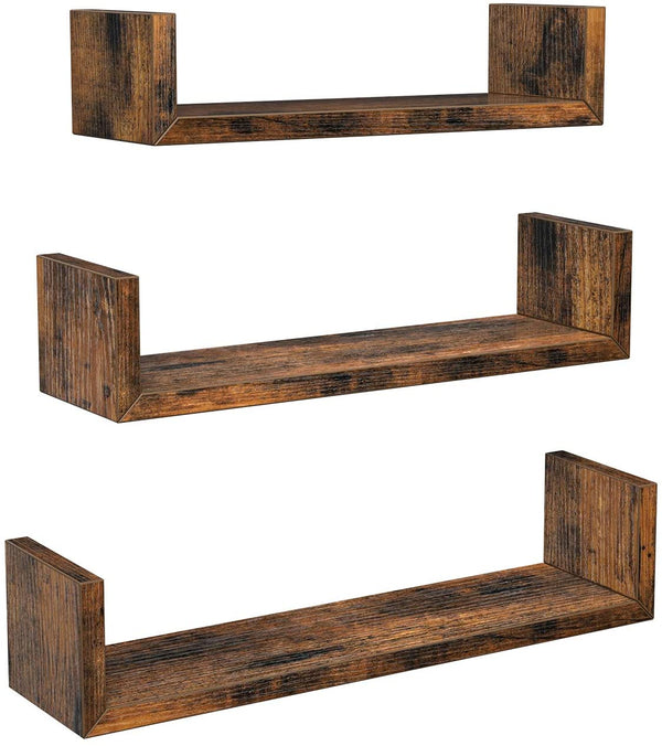 U-vormige wandplanken, set van 3, zwevende planken in vintage stijl, wandmontage, voor decoratie, woonkamer, slaapkamer en kantoor, vintage bruin LWS034X01