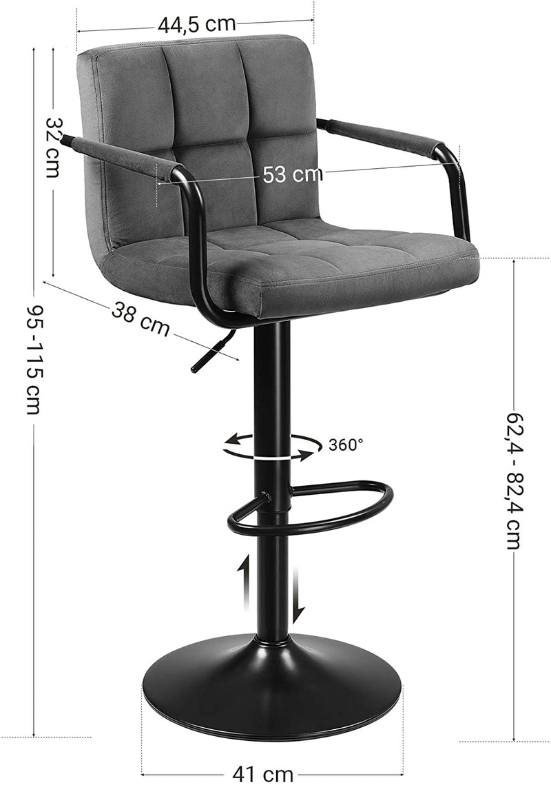 Barkruk, set van 2 barkrukken, met fluwelen bekleding, in hoogte verstelbaar, keukenstoelen, draaistoelen met armleuningen, rugleuning en voetenbank, metaal, donkergrijs LJB013G01