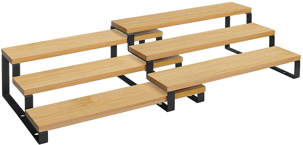 Kruidenrek, keukenrek, staand, keukenorganizer, set van 2, bamboe, met elk 3 legplanken, uitschuifbaar, stapelbaar, voor eetkamer, werkblad, keukenkast, natuurkleuren-zwart KCS016N01
