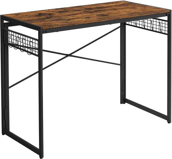 Computertafel, opklapbaar bureau met 8 haken, voor thuiskantoor, laptop en PC, vintage bruin-zwart LWD42X