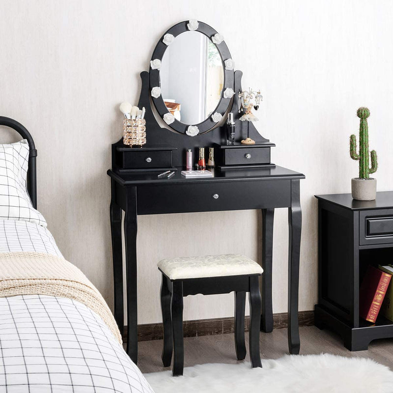 Kaptafel met 10 plastic roze-vormige LED-lampjes, 360° roterende ovale make-up spiegel, 3 lades kaptafel met gedempte kruk, make-uptafel voor slaapkamer (Zwart)