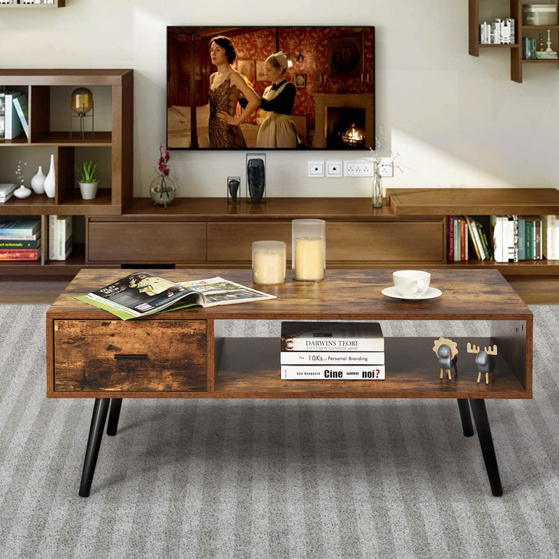 Koffietafel, salontafel, cocktailtafel, middeleeuwse moderne accenttafel met 1 lade en opbergrek voor de woonkamer, receptie, eenvoudige montage, 109 x 55 x 44,5 cm