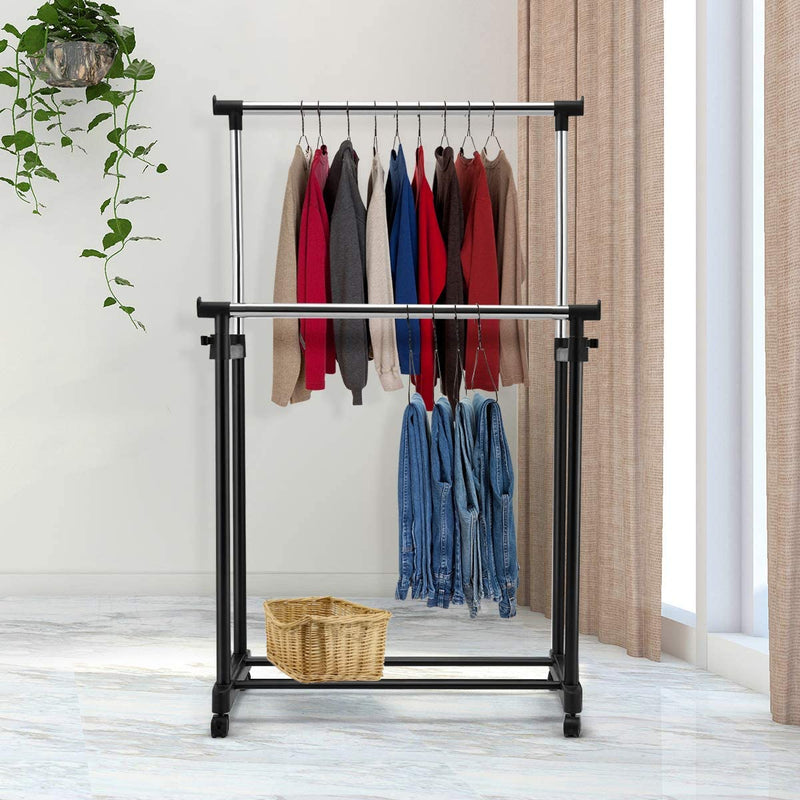 Rolbare Kledingrek, dubbele stangen Inhoogte verstelbaar kledingrek, draagbare kledingrek met wielen, 86 x 43 x 168cm