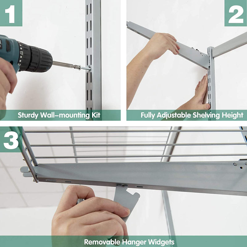 slimme configuraties klerenrailsysteem kledingrek, muur gemonteerde opbergsysteem, garderobesysteem met draad rekken en kleding stangen, 120 cm tot 180 cm, voor slaapkamer (182 x 39 x 150 cm)