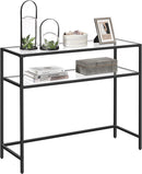 Consoletafel, bijzettafel met 2 planken, gehard glas, opbergplank, metalen frame, verstelbare poten, voor woonkamer, hal, zwart LGT025B01