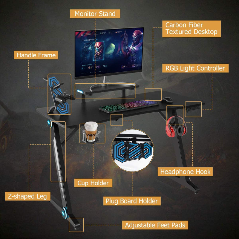 Gaming computer bureau met monitor standaard, Z-vormige , PC gamer tafel met RGB verlichting, bekerhouder, hoofdtelefoon haak,