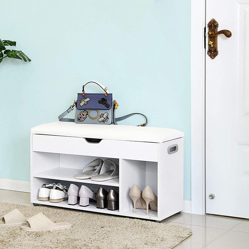 Schoenbank, zitbank, gevoerd, 3 open vakken, opbergruimte onder de zitting, schoenenopslag, hal, woonkamer, slaapkamer, tot 150 kg belastbaar, wit LHS30W